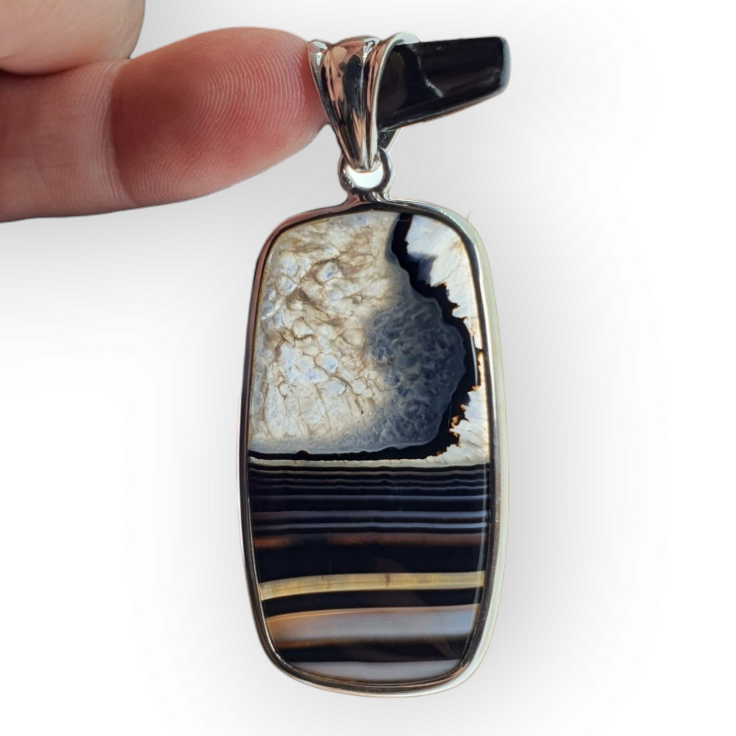 Crystals - Banded Onyx Cabochon Pendant - Sterling Silver