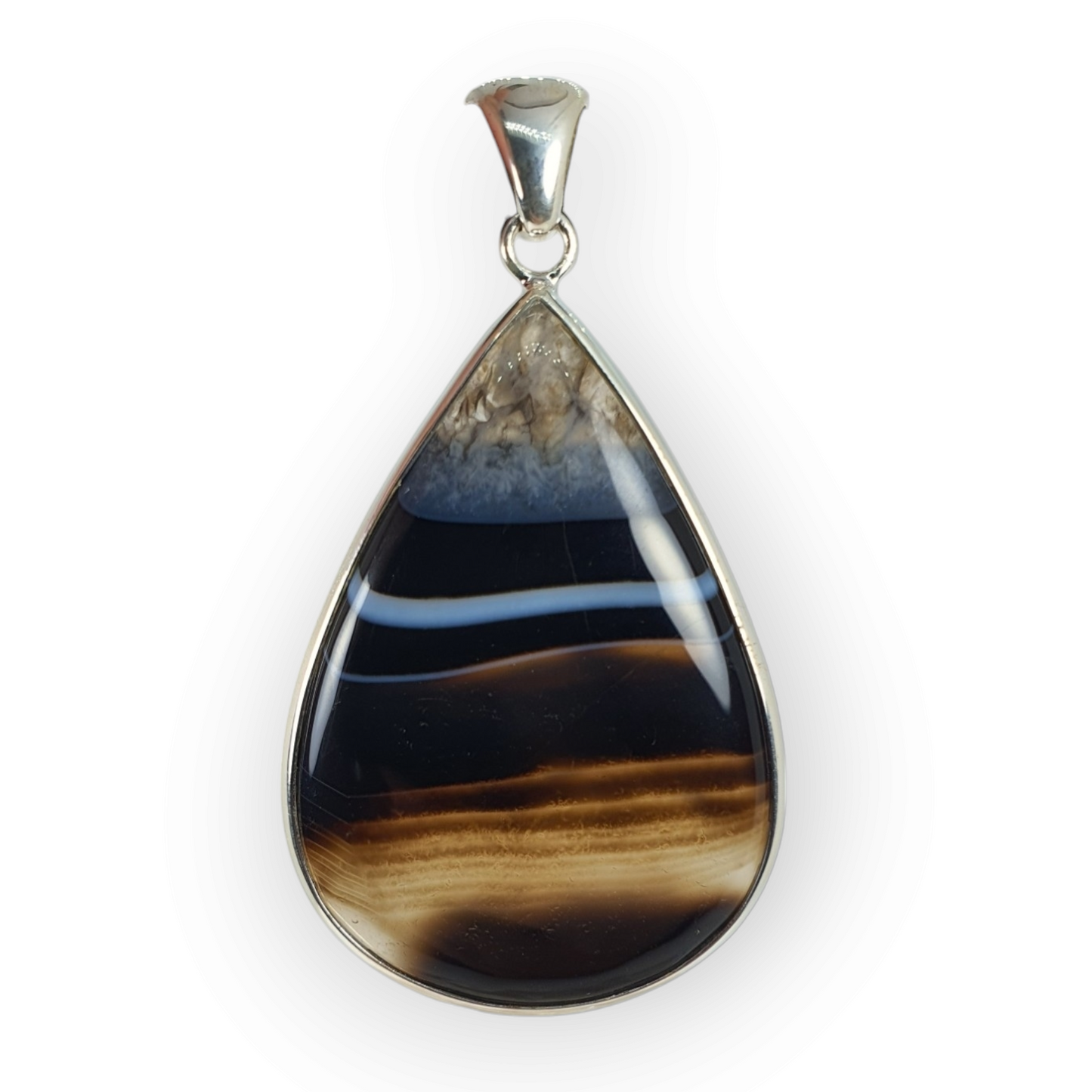 Crystals - Banded Onyx Teardrop Cabochon Pendant - Sterling Silver