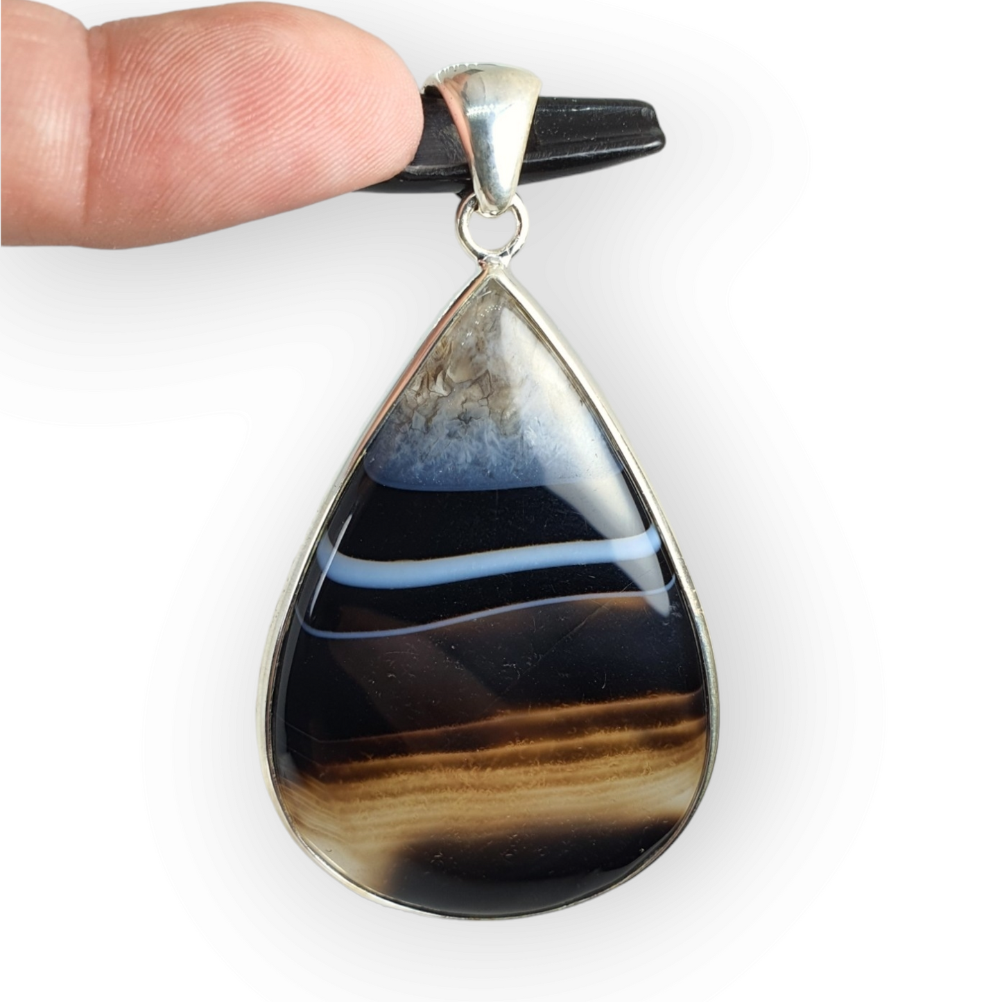 Crystals - Banded Onyx Teardrop Cabochon Pendant - Sterling Silver