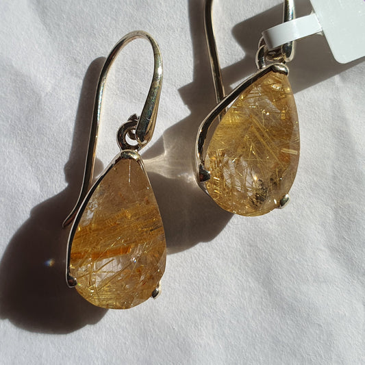 Crystals - Golden Rutilated Quartz Drop/Hook Earrings - Sterling Silver