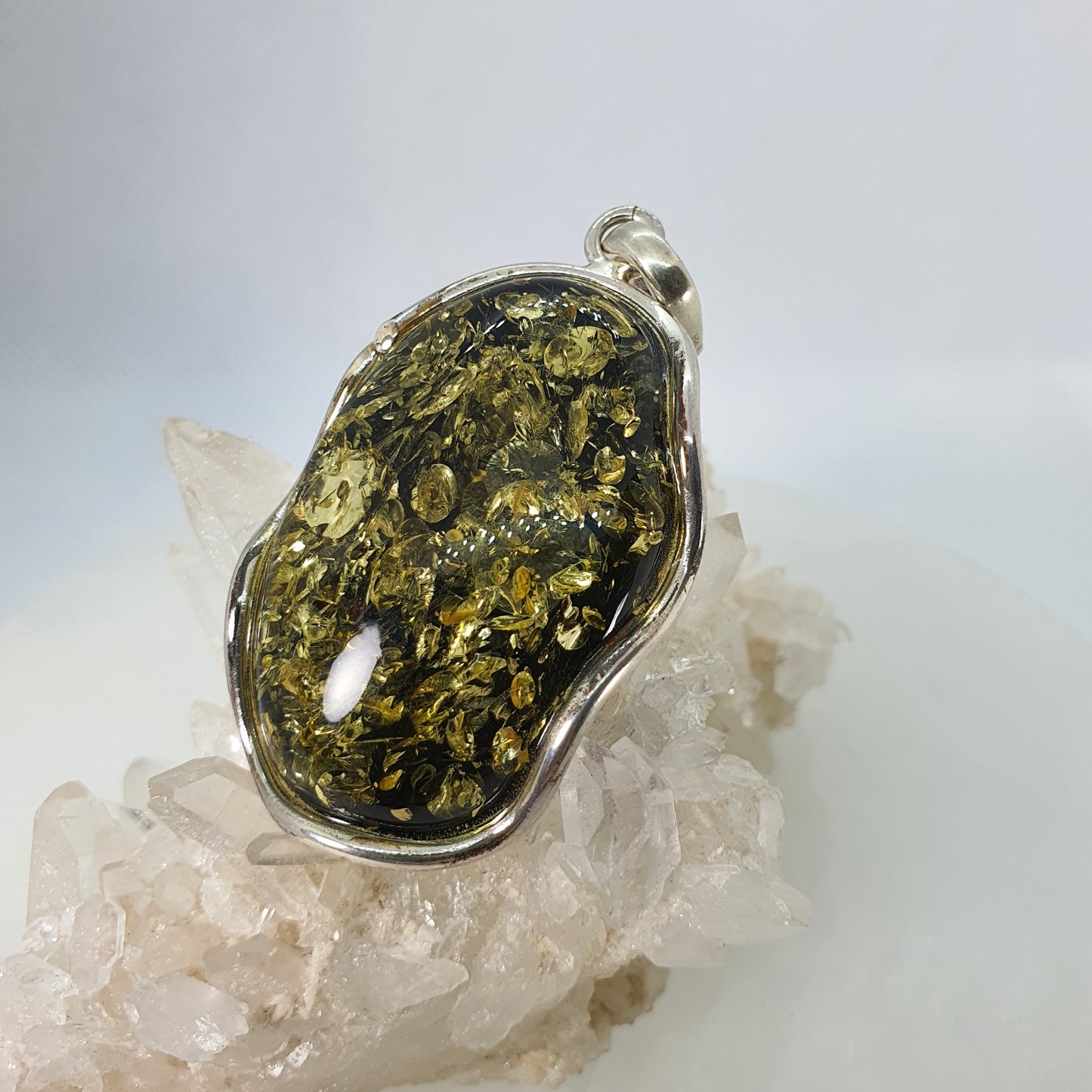 Crystals - Green Amber Pendant - Sterling Silver