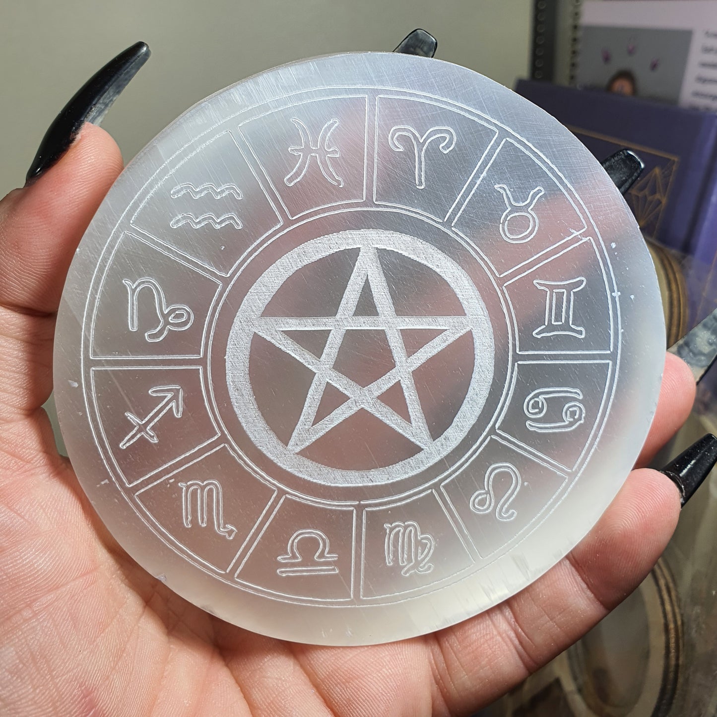 Crystals - Selenite Crystal Grid/Charging Plate with Pentagram and Symbols