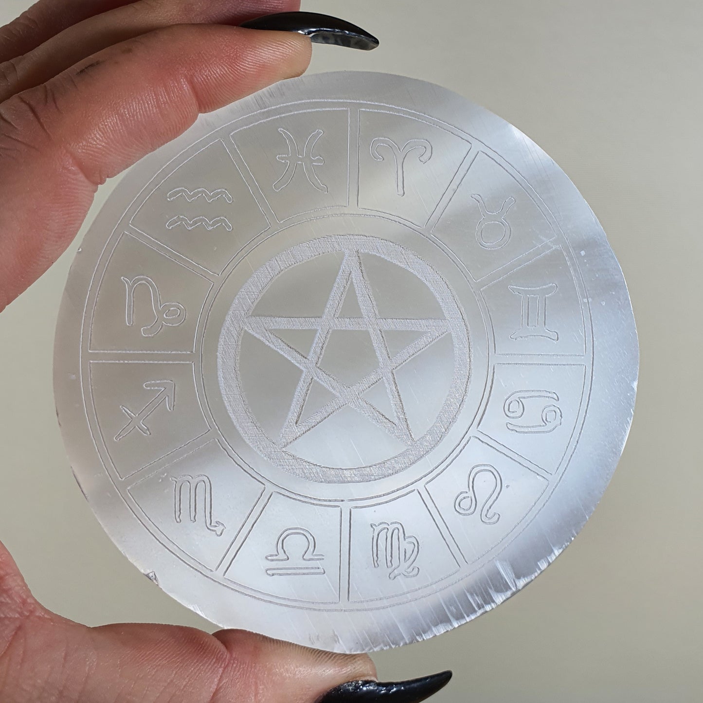 Crystals - Selenite Crystal Grid/Charging Plate with Pentagram and Symbols