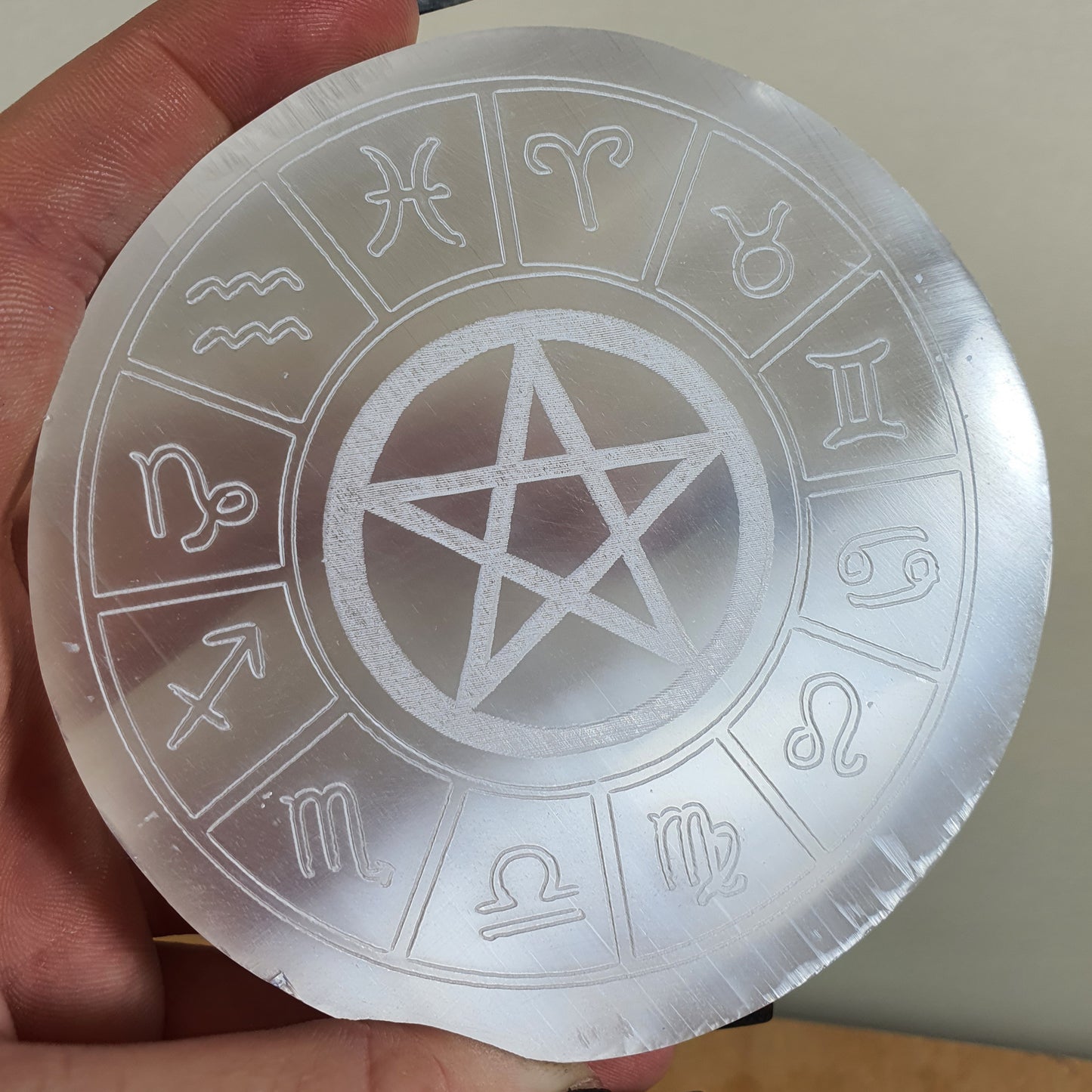 Crystals - Selenite Crystal Grid/Charging Plate with Pentagram and Symbols