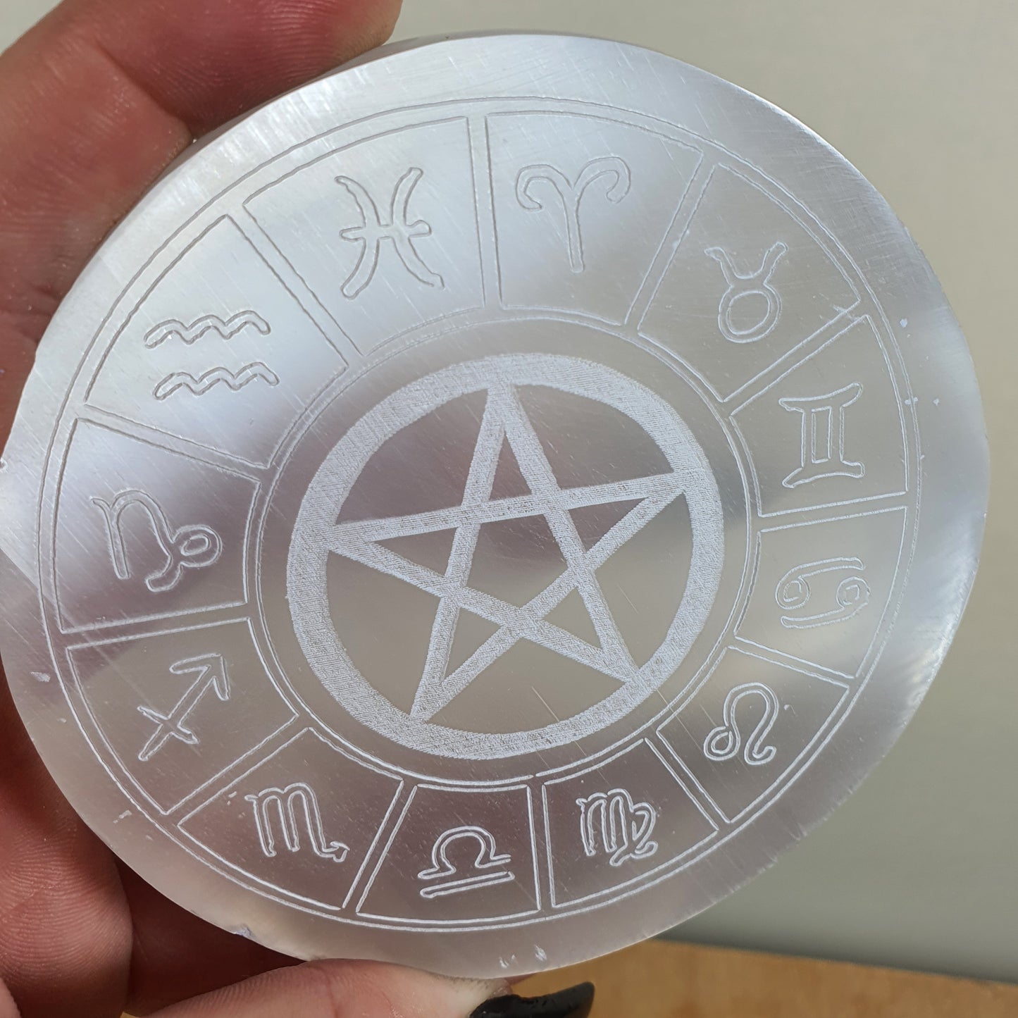 Crystals - Selenite Crystal Grid/Charging Plate with Pentagram and Symbols