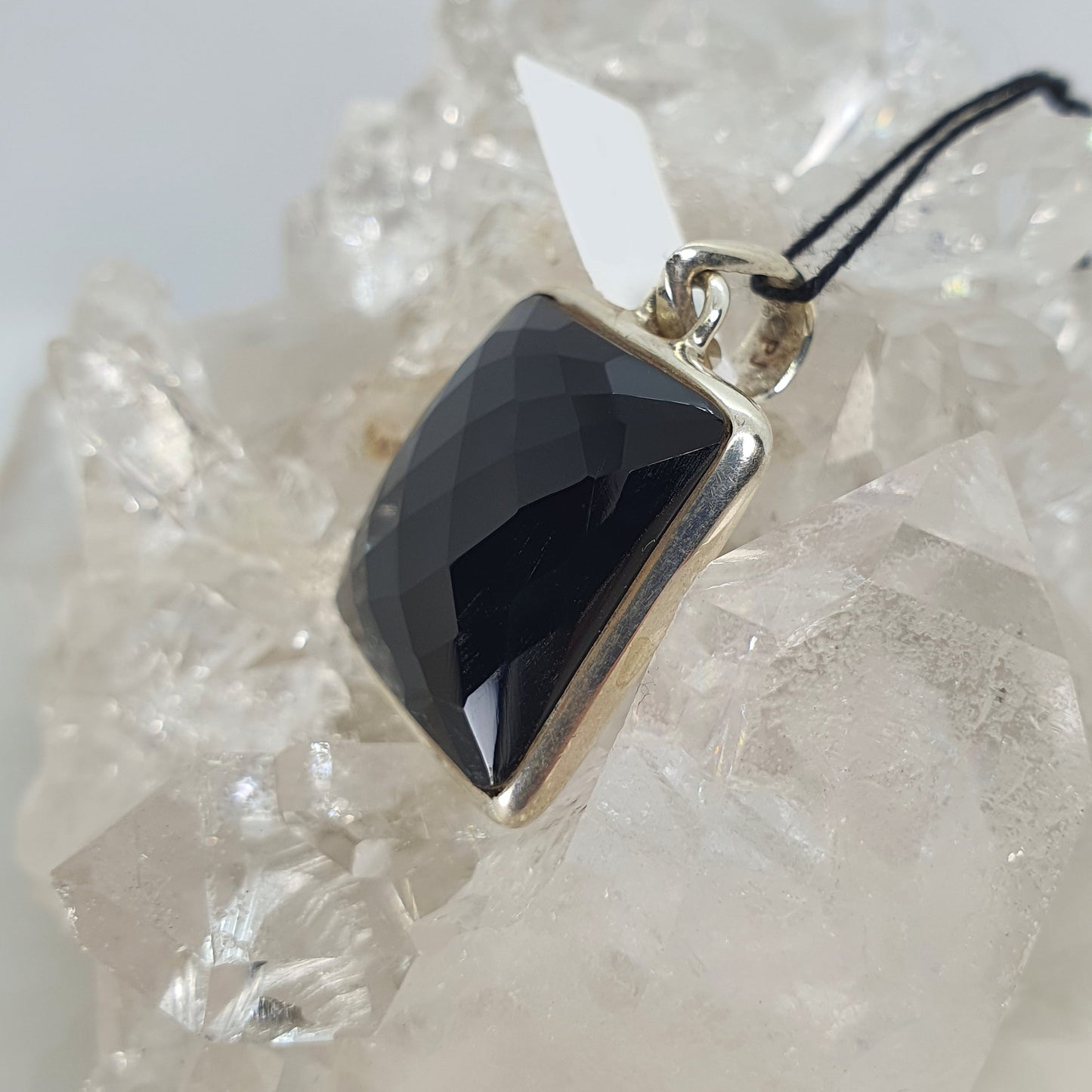 Crystals - Onyx Faceted Square Pendant - Sterling Silver