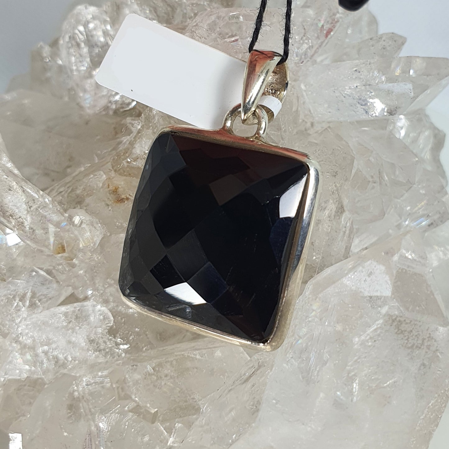 Crystals - Onyx Faceted Square Pendant - Sterling Silver