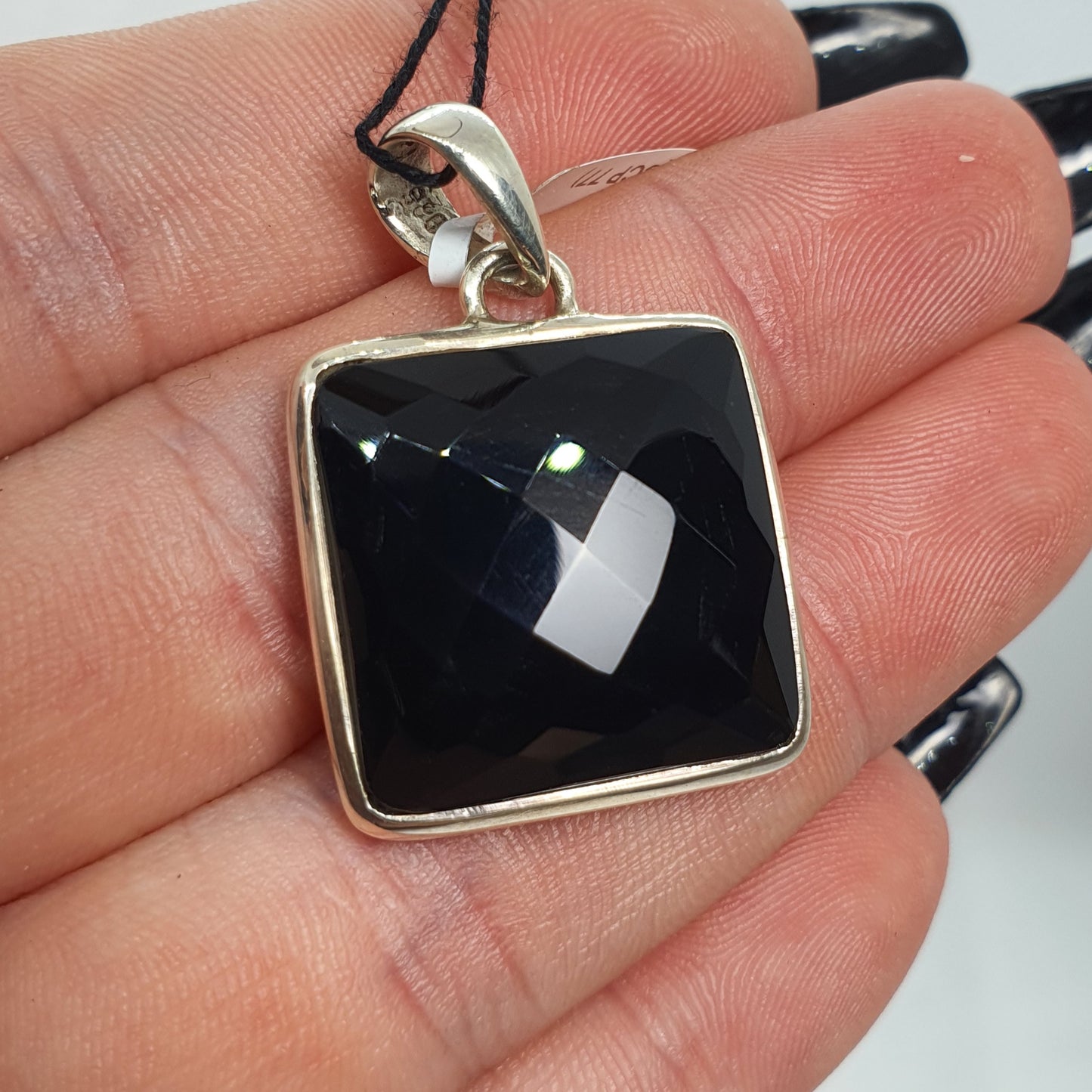 Crystals - Onyx Faceted Square Pendant - Sterling Silver