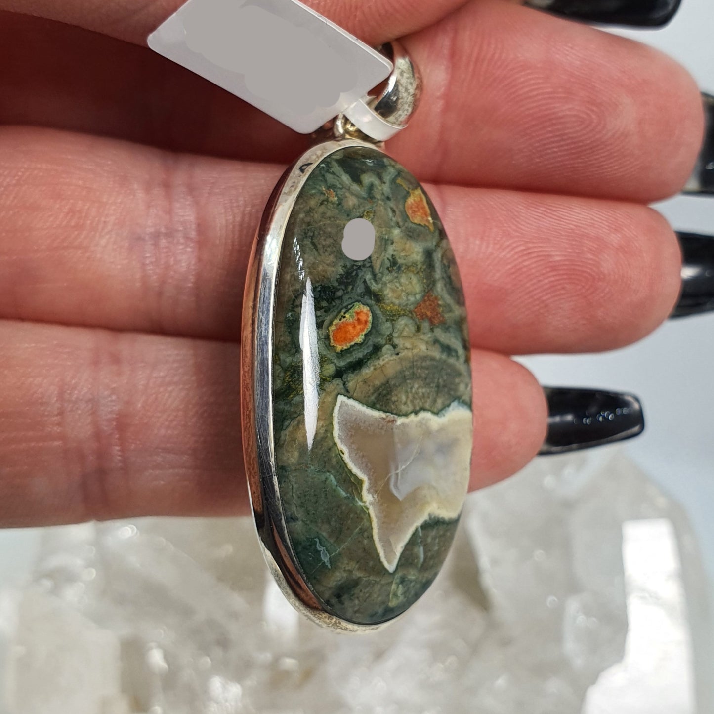 Crystals - Rhyolite (Rainforest Jasper) Cabochon Oval Pendant - Sterling Silver