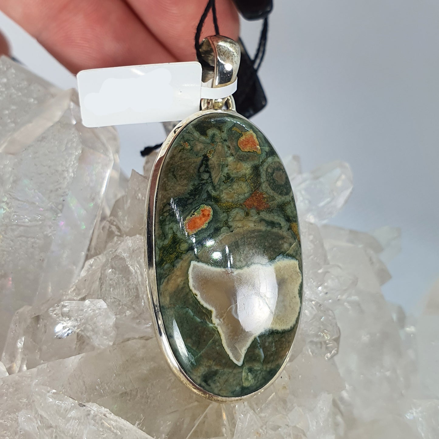 Crystals - Rhyolite (Rainforest Jasper) Cabochon Oval Pendant - Sterling Silver