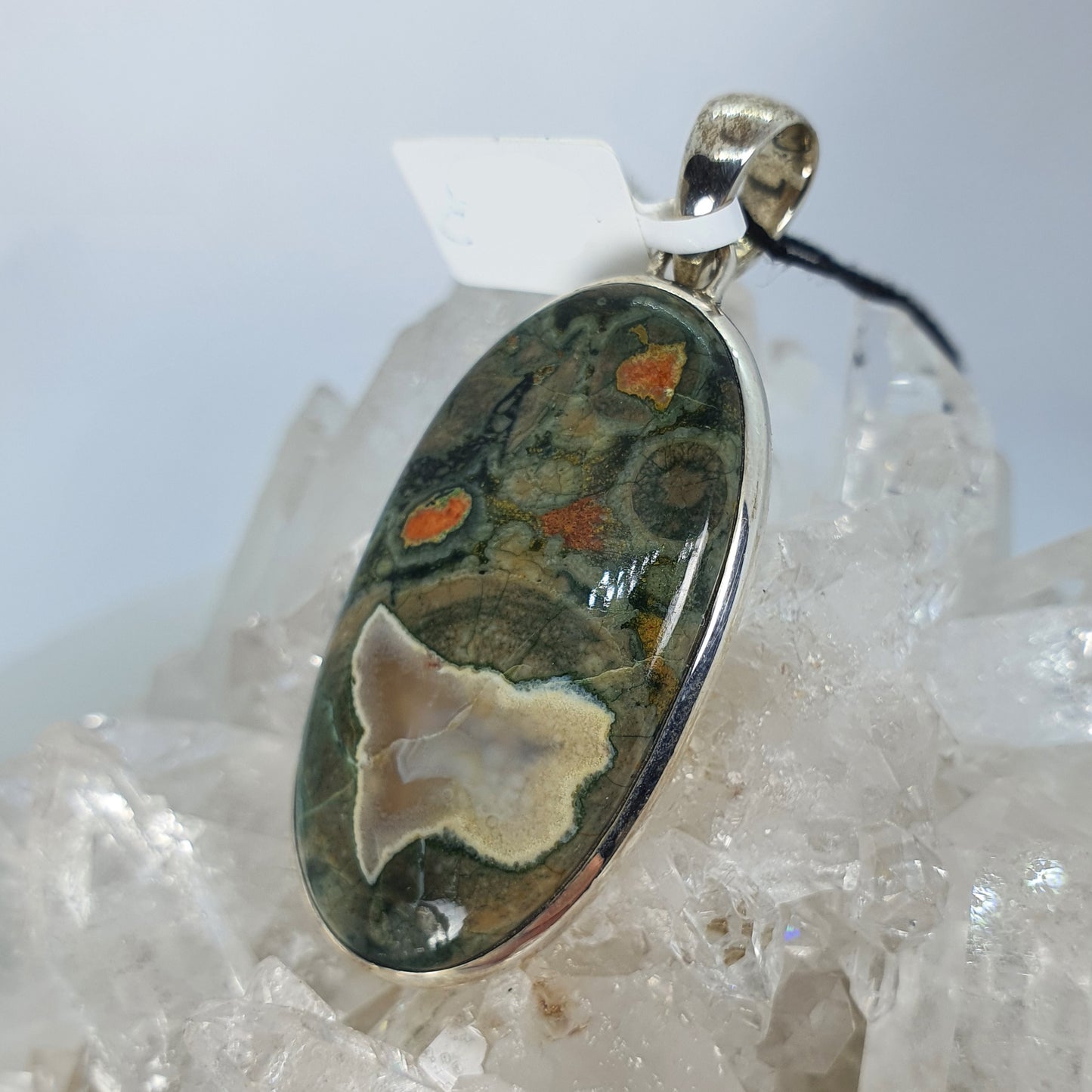 Crystals - Rhyolite (Rainforest Jasper) Cabochon Oval Pendant - Sterling Silver