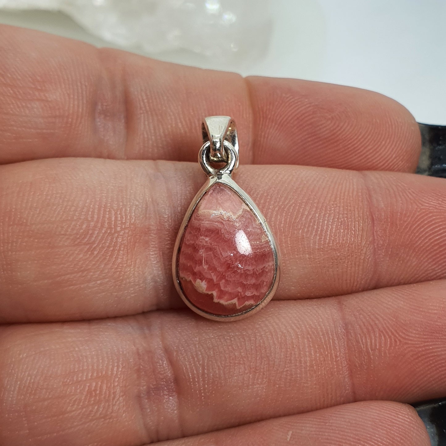 Crystals - Rhodochrosite Teardrop Cabochon Pendant - Sterling Silver