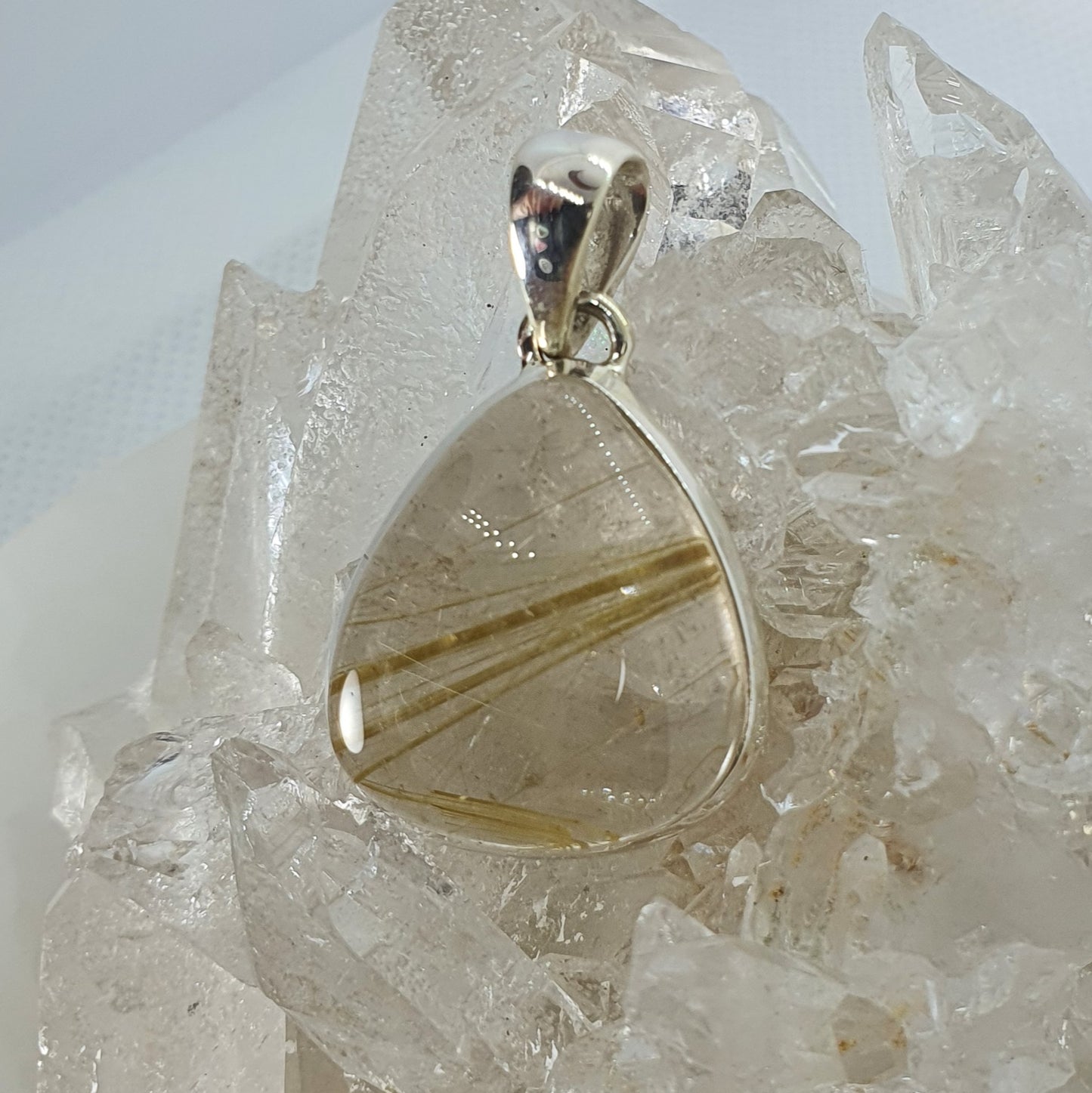 Crystals - Golden Rutile Quartz Cabochon Teardrop Pendant - Sterling Silver