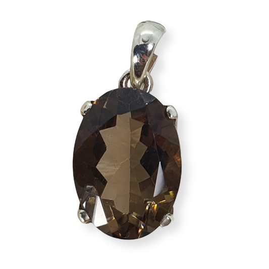 Crystals - Smoky Quartz Faceted Oval Pendant - Sterling Silver