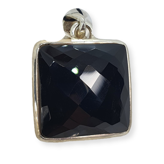 Crystals - Onyx Faceted Square Pendant - Sterling Silver