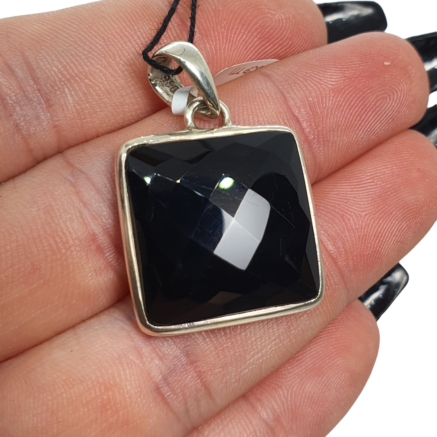 Crystals - Onyx Faceted Square Pendant - Sterling Silver