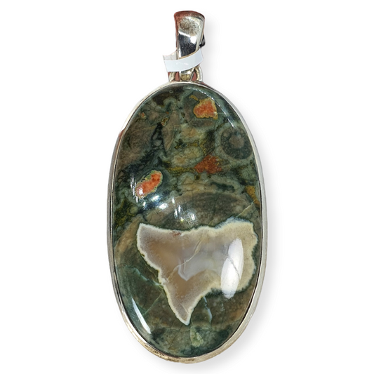 Crystals - Rhyolite (Rainforest Jasper) Cabochon Oval Pendant - Sterling Silver