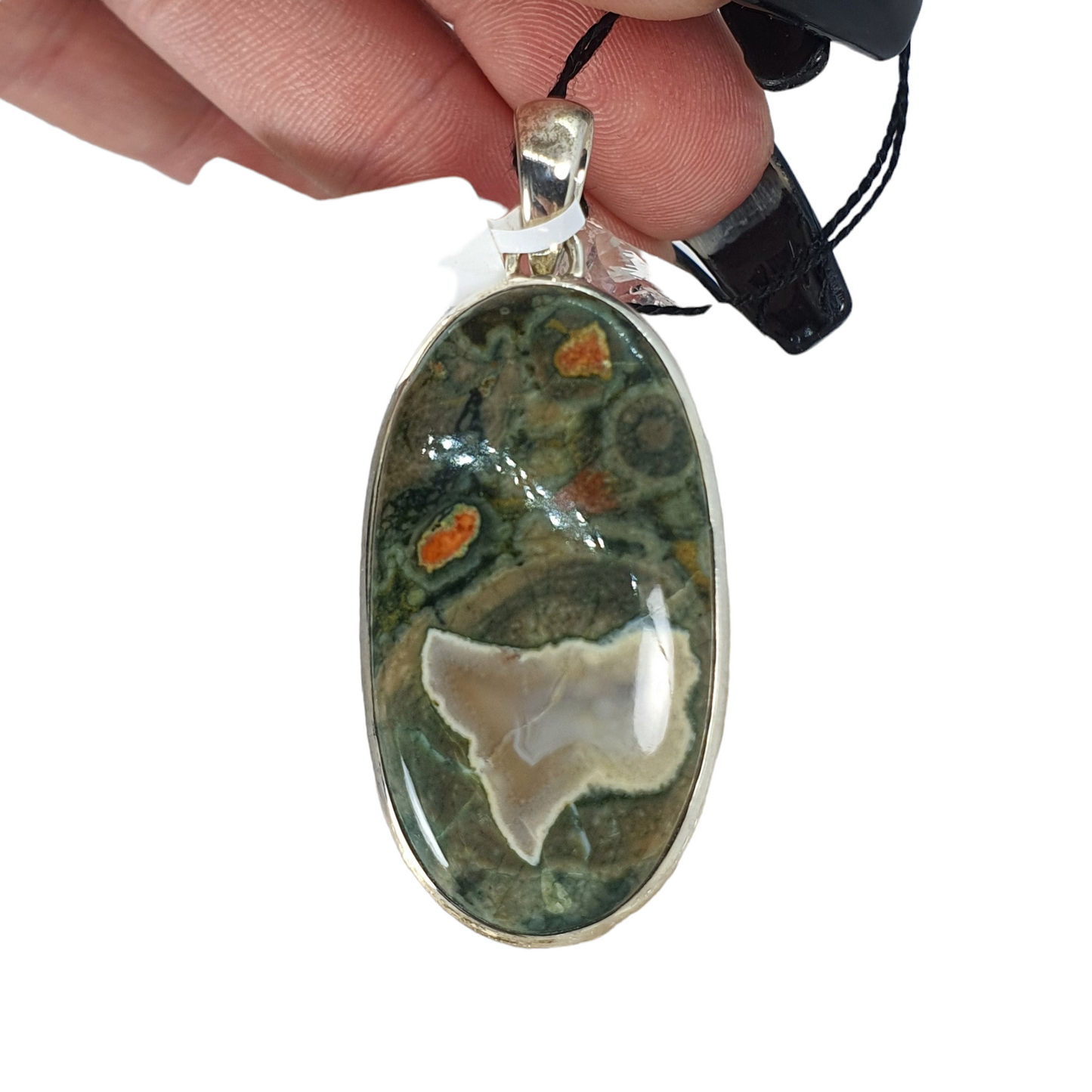 Crystals - Rhyolite (Rainforest Jasper) Cabochon Oval Pendant - Sterling Silver