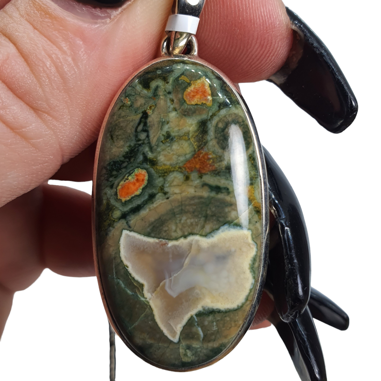 Crystals - Rhyolite (Rainforest Jasper) Cabochon Oval Pendant - Sterling Silver