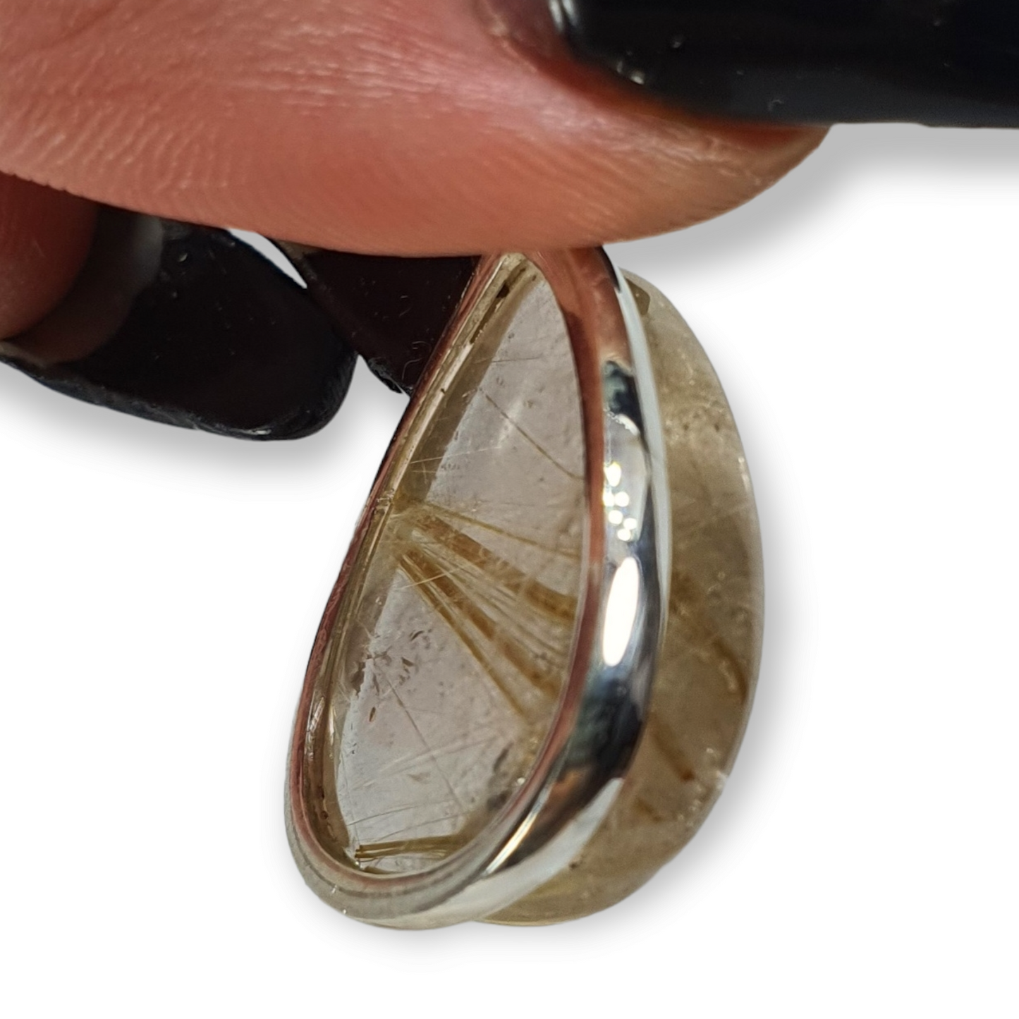 Crystals - Golden Rutile Quartz Cabochon Teardrop Pendant - Sterling Silver