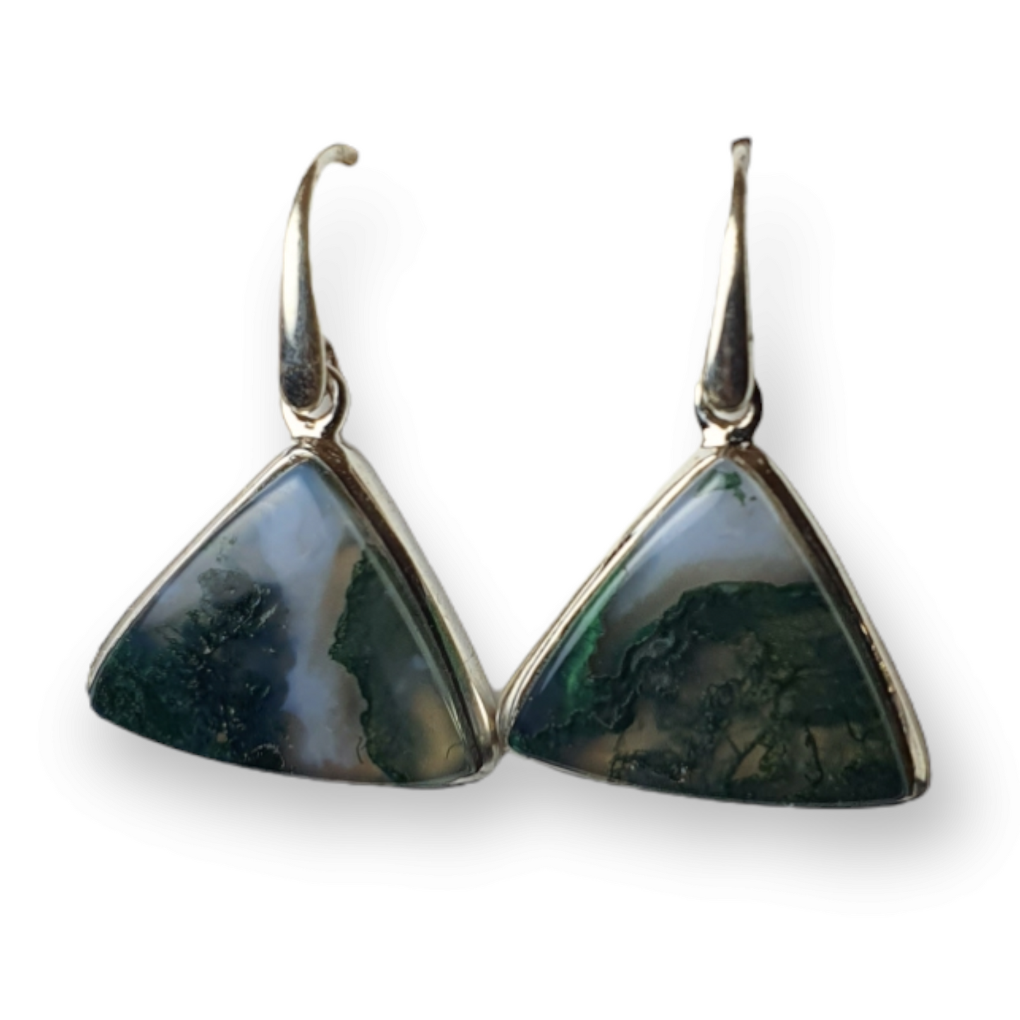 Crystals - Moss Agate Cabochon Hook/Drop Earrings - Sterling Silver