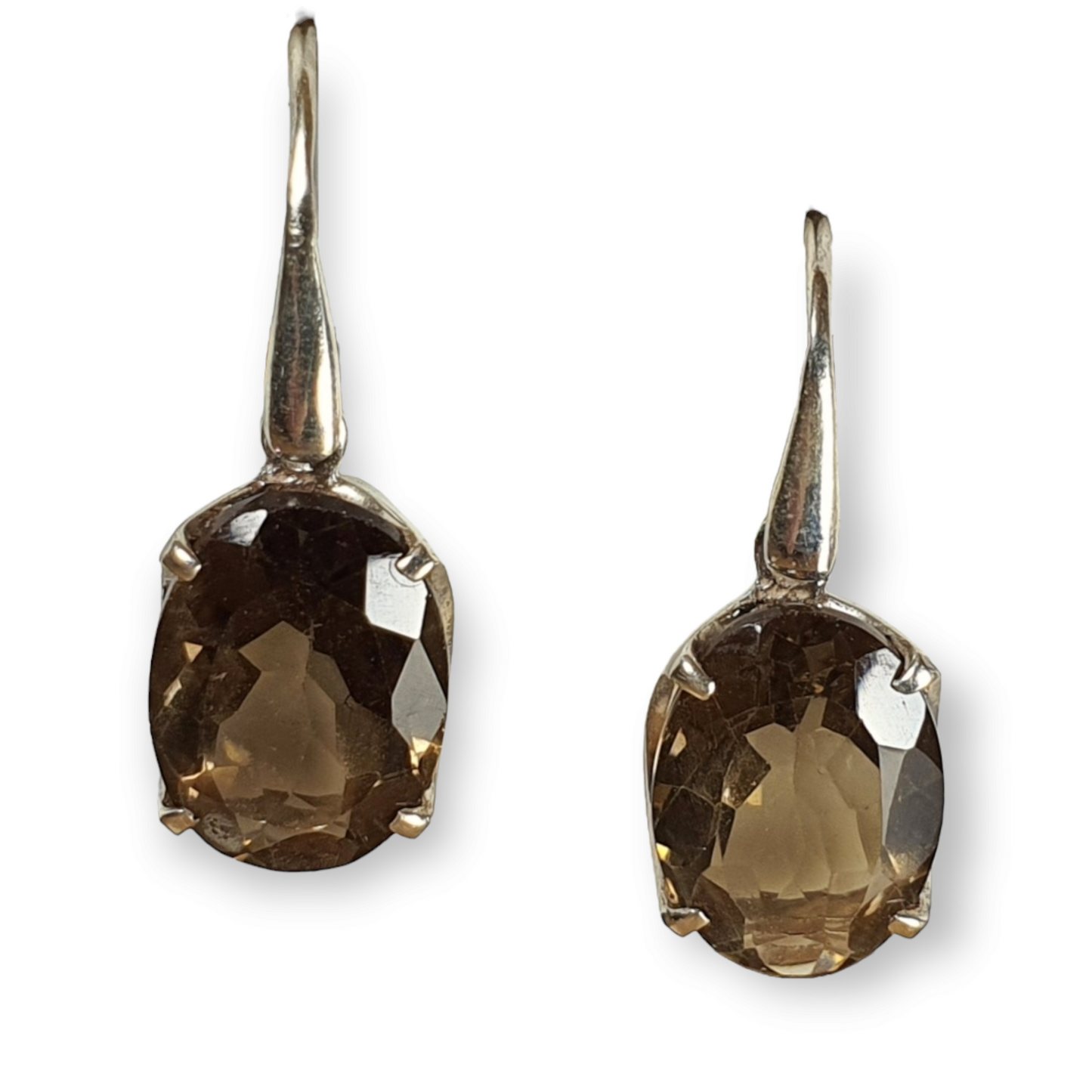 Crystals - Smoky Quartz Faceted Oval Drop/Hook Earrings - Sterling Silver