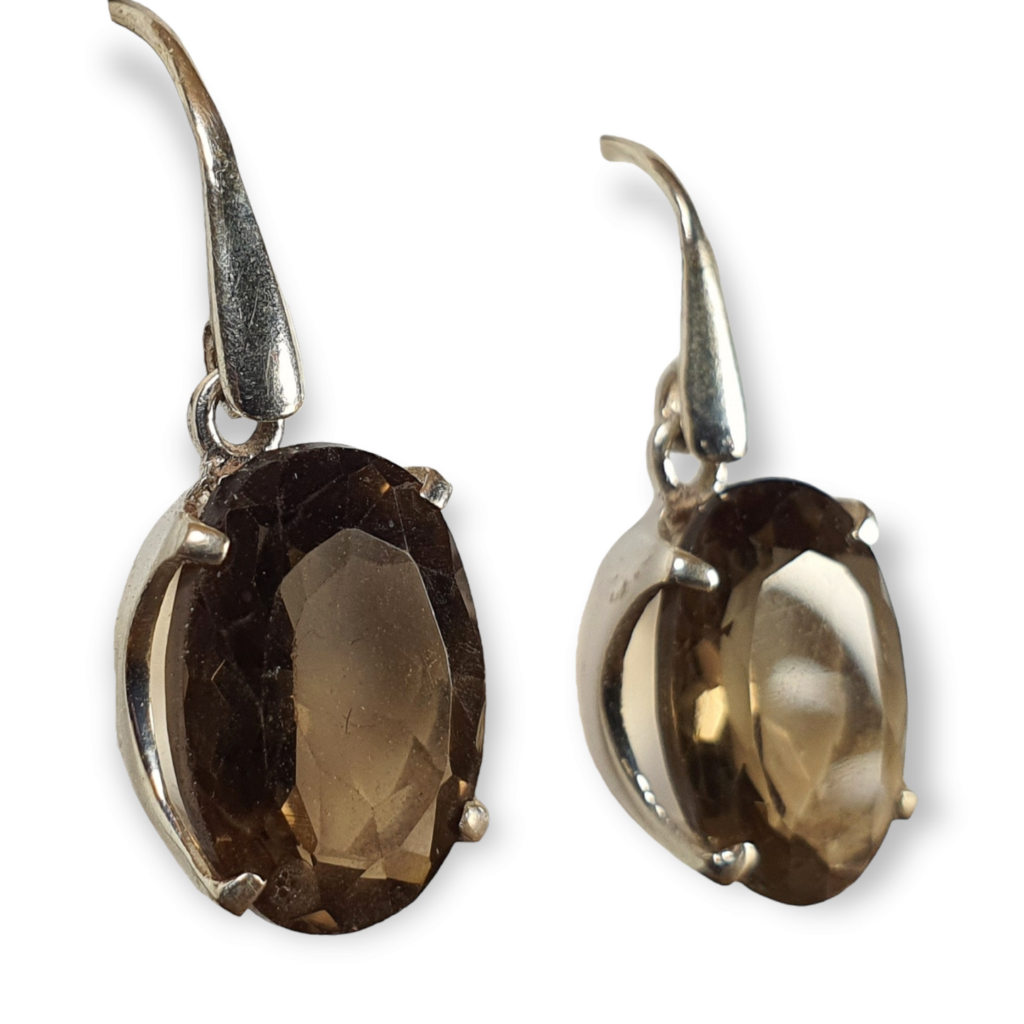 Crystals - Smoky Quartz Faceted Oval Drop/Hook Earrings - Sterling Silver