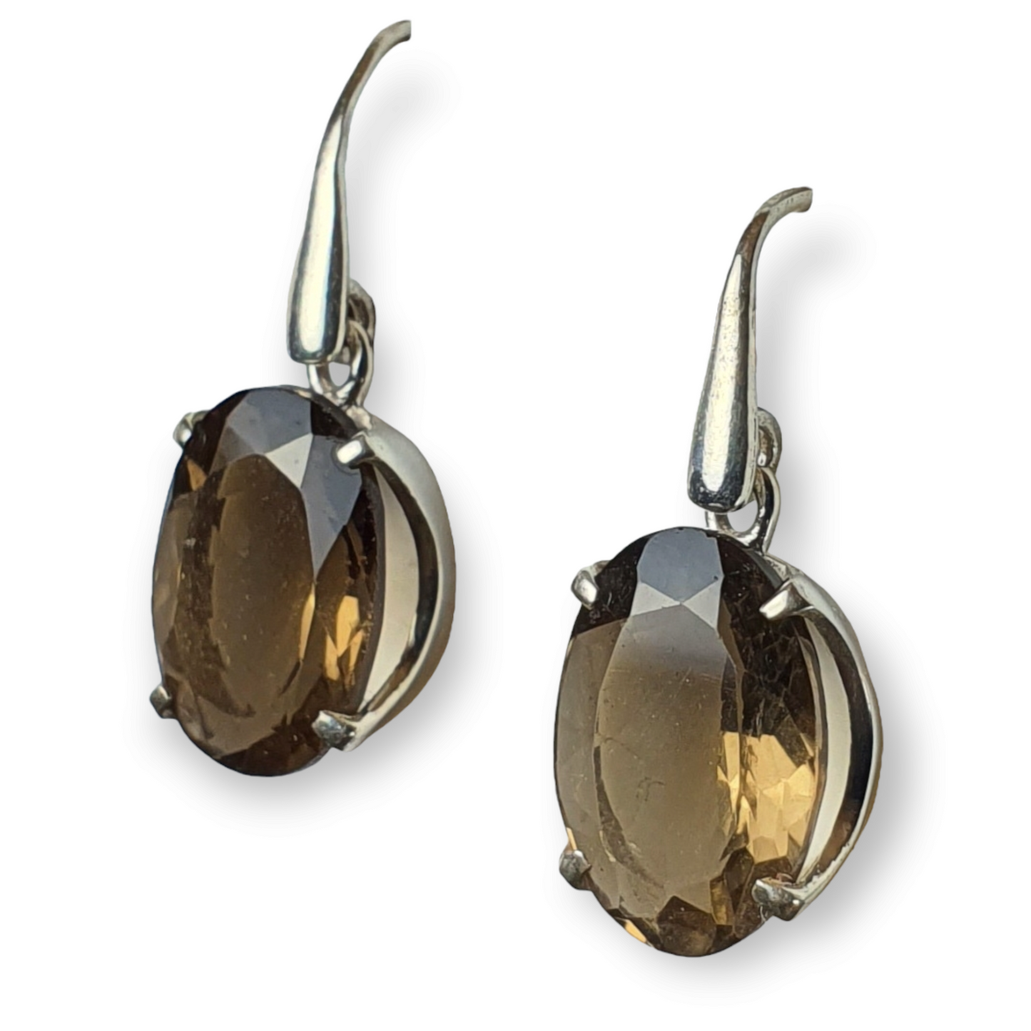 Crystals - Smoky Quartz Faceted Oval Drop/Hook Earrings - Sterling Silver