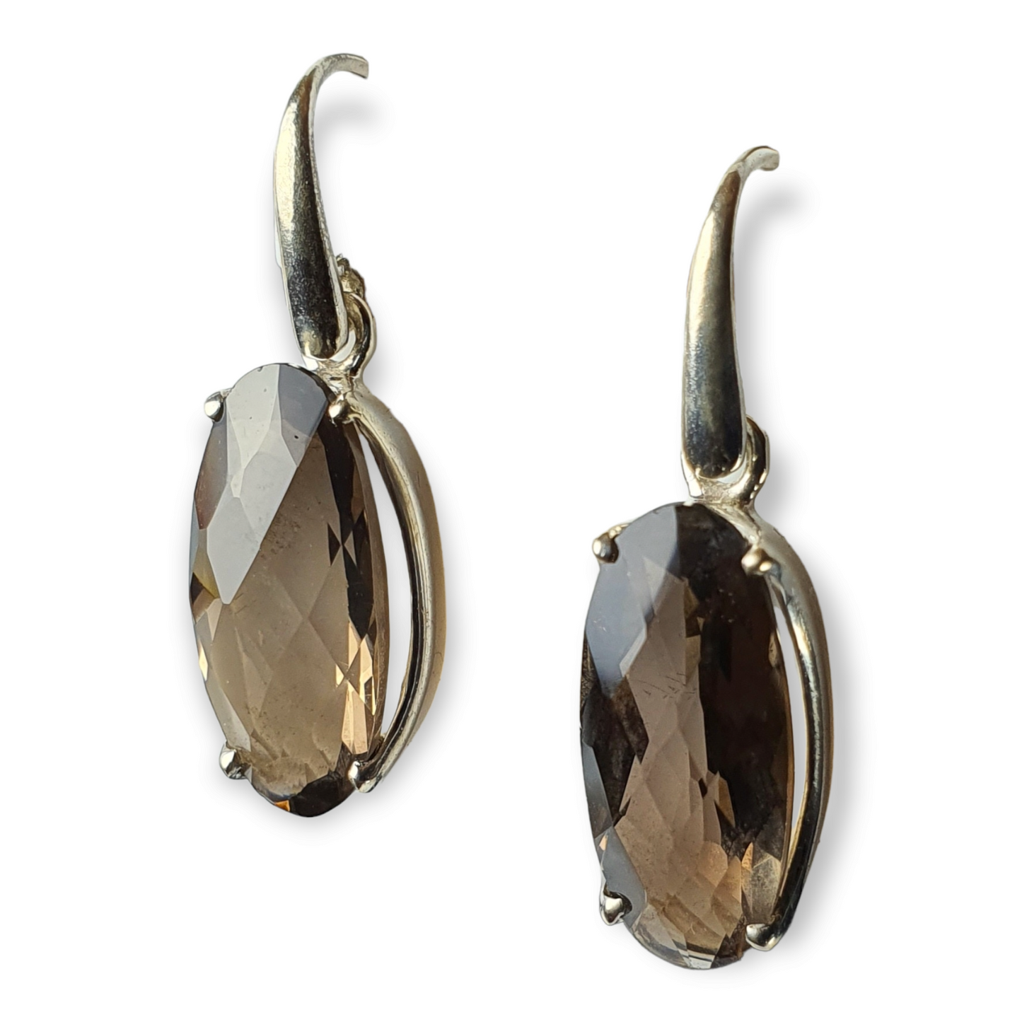Crystals - Smoky Quartz Faceted Drop/Hook Earrings - Sterling Silver