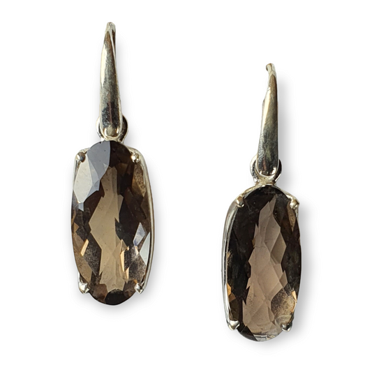 Crystals - Smoky Quartz Faceted Drop/Hook Earrings - Sterling Silver