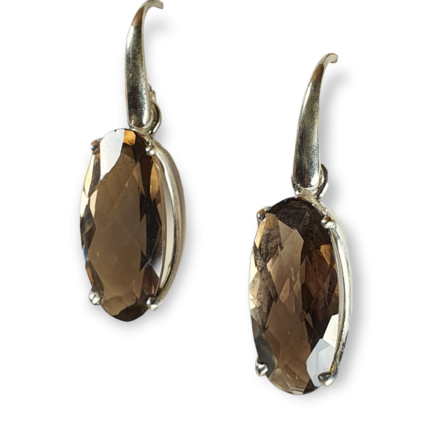 Crystals - Smoky Quartz Faceted Drop/Hook Earrings - Sterling Silver