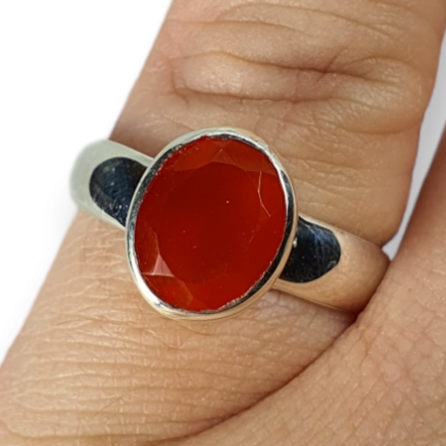 Crystals - Carnelian Oval Faceted Bezel Ring - Sterling Silver